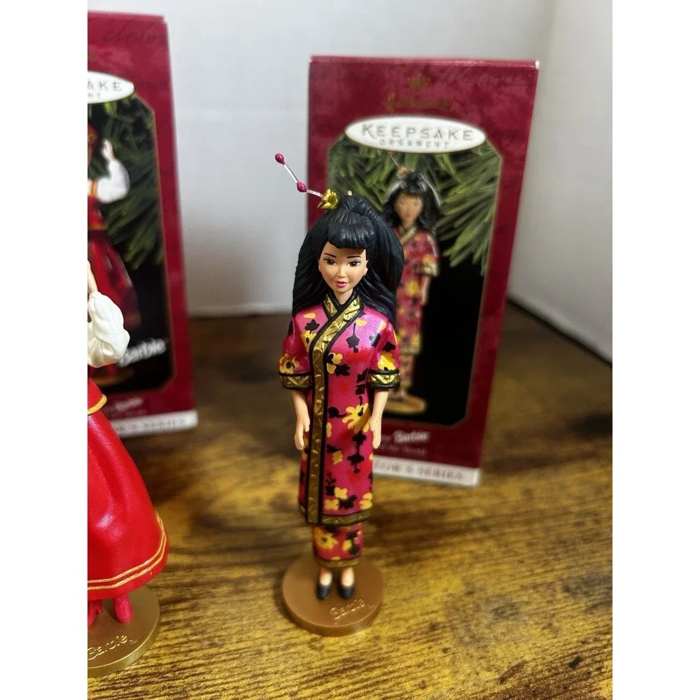 Vintage 1990s Hallmark Barbie Dolls of the World Ornaments Set of 4 Holiday Tree